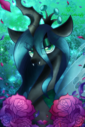 Size: 1024x1536 | Tagged: safe, artist:animechristy, queen chrysalis, changeling, changeling queen, g4, abstract background, bust, crown, fangs, female, flower, jewelry, lidded eyes, looking at you, petals, regalia, rose, solo