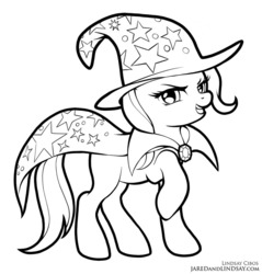 Size: 764x800 | Tagged: safe, artist:lindsay cibos, trixie, pony, unicorn, g4, cape, clothes, female, grin, hat, looking at you, mare, raised hoof, simple background, smiling, solo, white background