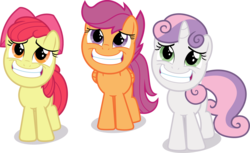 Size: 2000x1223 | Tagged: safe, artist:phucknuckl, apple bloom, scootaloo, sweetie belle, earth pony, pegasus, pony, unicorn, g4, marks for effort, big grin, cutie mark crusaders, filly, grin, simple background, smiling, transparent background, vector