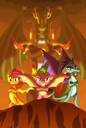 Size: 1500x2227 | Tagged: safe, artist:crisostomo-ibarra, princess ember, smolder, spike, oc, oc:dai shen long, chinese dragon, dragon, g4, molt down, claws, cliff, crossed arms, dragon oc, dragon wings, dragoness, fangs, female, horns, male, raised eyebrow, spread wings, winged spike, wings