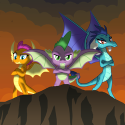 Size: 1500x1500 | Tagged: safe, alternate version, artist:crisostomo-ibarra, princess ember, smolder, spike, dragon, g4, molt down, cliff, crossed arms, winged spike, wings