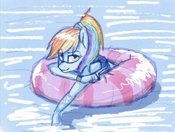 Size: 924x699 | Tagged: safe, artist:ognifireheart, rainbow dash, anthro, g4, bracelet, clothes, female, inner tube, jewelry, pool toy, solo, swimming pool, swimsuit