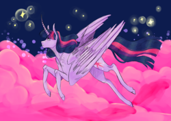 Size: 3541x2507 | Tagged: safe, artist:retrofroggy, twilight sparkle, alicorn, pony, g4, curved horn, female, flying, high res, horn, redraw, solo, twilight sparkle (alicorn)
