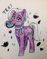 Size: 1551x1930 | Tagged: safe, artist:ognifireheart, jasmine leaf, earth pony, pony, g4, clothes, cup, female, food, looking at you, mare, plate, scarf, solo, sparkles, tea, teacup, teapot, traditional art