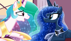 Size: 1500x858 | Tagged: safe, artist:sugaryicecreammlp, princess celestia, princess luna, alicorn, pony, g4, concave belly, duo, ethereal mane, female, looking at each other, mare, prone, royal sisters, sisters, slender, smiling, starry mane, thin