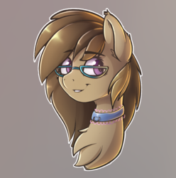 Size: 934x941 | Tagged: safe, artist:capseys, oc, oc only, oc:dawnsong, earth pony, pony, aside glance, brown background, bust, chest fluff, choker, female, glasses, gray background, looking at you, mare, octavia background, simple background, smiling, solo
