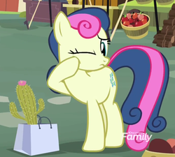 Size: 1025x923 | Tagged: safe, screencap, bon bon, sweetie drops, pony, g4, marks for effort, apple, cactus, cropped, discovery family logo, female, food, pain, solo