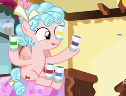 Size: 1275x967 | Tagged: safe, screencap, cozy glow, pony, g4, marks for effort, cans, cropped, female, filly, food, offscreen character, solo, sprinkles, tongue out