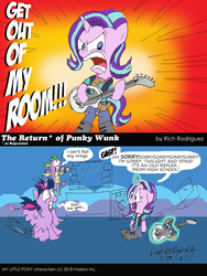 Size: 900x1200 | Tagged: safe, artist:newportmuse, spike, starlight glimmer, twilight sparkle, alicorn, dragon, pony, unicorn, g4, clothes, comic, dialogue, equestria girls outfit, guitar, starlight's room, twilight sparkle (alicorn), winged spike, wings