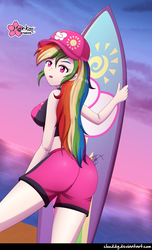 Size: 2149x3523 | Tagged: safe, alternate version, artist:clouddg, rainbow dash, equestria girls, g4, adorasexy, ass, beach, board shorts, butt, cap, clothes, cute, female, hat, high res, human coloration, midriff, multiple variants, open mouth, questionable source, rainbutt dash, sexy, shorts, signature, solo, surfboard, swimsuit
