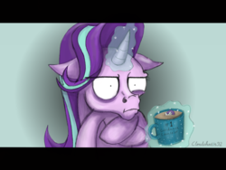 Size: 1024x768 | Tagged: safe, artist:cloudchas3r92, rarity, starlight glimmer, pony, unicorn, g4, marks for effort, chocolate, empathy cocoa, female, food, glim glam, glowing horn, guidance counselor, hoers, horn, hot chocolate, i mean i see, letterboxing, rarity is a marshmallow, scene interpretation, solo, unamused