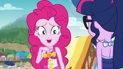 Size: 1280x720 | Tagged: safe, screencap, pinkie pie, sci-twi, twilight sparkle, equestria girls, friendship math, g4, my little pony equestria girls: better together, bare shoulders, bareback, clothes, duo, duo female, female, one-piece swimsuit, sleeveless, swimsuit