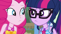 Size: 1280x720 | Tagged: safe, screencap, pinkie pie, sci-twi, twilight sparkle, equestria girls, friendship math, g4, my little pony equestria girls: better together, bare shoulders, beach, beach chair, chair, clothes, confused, cute, duo, duo female, eye contact, female, geode of sugar bombs, geode of telekinesis, glasses, jewelry, looking at each other, magical geodes, necklace, one-piece swimsuit, ponytail, sleeveless, swimsuit
