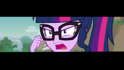 Size: 1280x720 | Tagged: safe, screencap, sci-twi, twilight sparkle, human, equestria girls, friendship math, g4, my little pony equestria girls: better together, close-up, determined, dramatic widescreen, female, fist, forever, glasses, letterboxing, open mouth, solo