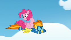 Size: 1920x1080 | Tagged: safe, screencap, pinkie pie, spitfire, earth pony, pegasus, pony, g4, secrets and pies, 1080p, clothes, cloud, female, flying, goggles, mare, pinkie pie riding spitfire, ponies riding ponies, riding, sitting, uniform, wonderbolts uniform