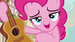 Size: 1280x720 | Tagged: safe, screencap, pinkie pie, earth pony, pony, g4, honest apple, season 7, close-up, female, guitar, implied rarity, lidded eyes, looking at you, mare, musical instrument, smiling, solo