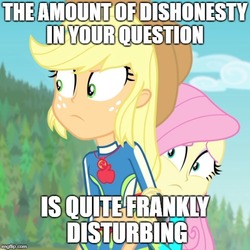 Size: 500x500 | Tagged: safe, edit, edited screencap, screencap, applejack, fluttershy, equestria girls, equestria girls series, forgotten friendship, g4, clothes, cowering, cropped, dialogue, duo, female, image macro, meme, swimsuit, wetsuit