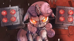 Size: 800x448 | Tagged: source needed, safe, artist:equum_amici, edit, sweetie belle, pony, robot, unicorn, g4, animated, cinemagraph, destabilize, female, filly, looking at you, no sound, solo, static, sweetie bot, webm