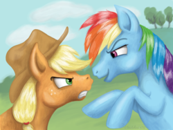 Size: 2048x1536 | Tagged: safe, artist:cloudchas3r92, applejack, rainbow dash, pony, g4, non-compete clause, applejack's hat, cowboy hat, duo, female, hat, looking at each other, mare, scene interpretation, scowl