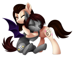 Size: 1600x1236 | Tagged: safe, artist:centchi, oc, oc only, oc:penelope, oc:pixie prancer, bat pony, earth pony, pony, female, hug, mare, simple background, transparent background, watermark