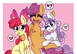 Size: 1000x697 | Tagged: safe, artist:pink-pone, apple bloom, scootaloo, sweetie belle, earth pony, pony, g4, :p, adorabloom, chest fluff, cute, cutealoo, cutie mark crusaders, diasweetes, heart, older, one eye closed, silly, tongue out, wink