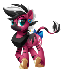 Size: 1024x1177 | Tagged: safe, artist:centchi, oc, oc only, oc:bubblegum candy, hybrid, zony, bow, eyeshadow, horse collar, makeup, offspring, parent:big macintosh, parent:zecora, parents:macora, simple background, solo, tail bow, transparent background, watermark