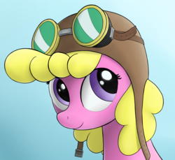 Size: 2430x2229 | Tagged: safe, artist:whiskeypanda, derpibooru exclusive, cherry berry, earth pony, pony, g4, aviator goggles, aviator hat, bust, cap, cherrybetes, cute, female, goggles, hat, high res, mare, simple background, smiling, solo