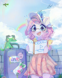Size: 882x1112 | Tagged: safe, artist:windymils, gummy, pinkie pie, semi-anthro, g4, bipedal, clothes, cloud, cute, diapinkes, dress, female, glasses, happy, implied mane six, looking at you, luggage, open mouth, plane, rainbow, sky, smiling, suitcase, travelling
