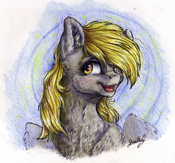 Size: 1558x1450 | Tagged: safe, artist:gaelledragons, derpy hooves, pegasus, pony, g4, abstract background, chest fluff, colored pencil drawing, female, happy, mare, smiling, solo, traditional art