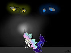 Size: 1280x960 | Tagged: safe, artist:littlesnaketail, princess celestia, princess luna, alicorn, gem (race), pony, g4, blue diamond (steven universe), blue eyes, crossover, female, mare, raised hoof, signature, steven universe, yellow diamond (steven universe), yellow eyes