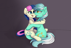 Size: 1811x1217 | Tagged: dead source, safe, artist:haruhi-il, bon bon, lyra heartstrings, sweetie drops, earth pony, pony, unicorn, g4, duo, female, lesbian, looking at each other, mare, ship:lyrabon, shipping, smiling
