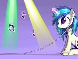 Size: 2000x1500 | Tagged: safe, artist:songbirdserenade, dj pon-3, vinyl scratch, pony, unicorn, g4, female, glowing horn, headphones, horn, magic, mare, music notes, signature, sitting, smiling, solo