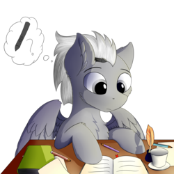 Size: 2500x2500 | Tagged: safe, artist:lunar froxy, oc, oc only, oc:silver dash, pony, book, commission, confused, high res, inkwell, pencil, quill, simple background, solo, table, transparent background