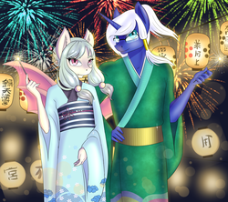 Size: 3600x3200 | Tagged: safe, artist:alicekvartersson, oc, oc only, oc:chiharu, oc:satoru, bat pony, anthro, anthro oc, bat pony oc, clothes, commission, duo, fangs, female, festival, fireworks, gift art, glasses, high res, kimono (clothing), male, mare, smiling, stallion, ych result