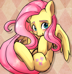 Size: 3983x4093 | Tagged: safe, alternate version, artist:hosikawa, fluttershy, pegasus, pony, g4, blushing, cute, eyebrows, female, hooves to the chest, looking away, shy, shyabetes, simple background, solo, spread wings, white background, wings