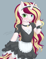 Size: 1024x1316 | Tagged: safe, artist:novaintellus, oc, oc only, oc:vanilla reddagger, unicorn, semi-anthro, bell, bell collar, bipedal, blushing, clothes, collar, commission, cute, digital art, dress, female, maid, mare, smiling, solo