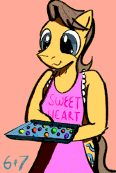 Size: 600x900 | Tagged: safe, artist:sixes&sevens, derpibooru exclusive, caramel, semi-anthro, g4, apron, bipedal, candy, clothes, food, gif, male, naked apron, non-animated gif, simple background, tray