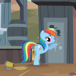 Size: 6000x6000 | Tagged: safe, artist:ithinkitsdivine, rainbow dash, pegasus, pony, g4, absurd resolution, blushing, butt, cider, covering crotch, desperation, dodge junction, female, knocking, looking back, mare, mug, need to pee, omorashi, outhouse, plot, potty dance, potty emergency, potty time, show accurate, solo, spilled drink, sweat, tankard