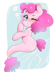 Size: 2784x3712 | Tagged: safe, artist:koto, pinkie pie, earth pony, mermaid, pony, seapony (g4), g4, blue eyes, blushing, bubble, cute, diapinkes, digital art, dorsal fin, female, fin, fish tail, flowing mane, flowing tail, high res, looking at you, mare, ocean, one eye closed, scales, seaponified, seapony pinkie pie, solo, species swap, swimming, tail, underwater, water, wink