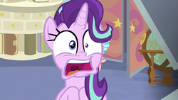 Size: 1920x1080 | Tagged: safe, screencap, cozy glow, starlight glimmer, g4, marks for effort, discovery family logo, faic, offscreen character, reaction image, solo focus, surprised