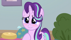 Size: 1920x1080 | Tagged: safe, screencap, starlight glimmer, pony, unicorn, g4, marks for effort, adorable face, blushing, cute, daaaaaaaaaaaw, female, glimmerbetes, happy, heartwarming, mare, raised hoof, solo, sweet dreams fuel, weapons-grade cute