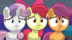 Size: 1920x1080 | Tagged: safe, screencap, apple bloom, scootaloo, sweetie belle, earth pony, pegasus, pony, unicorn, g4, marks for effort, cutie mark crusaders, discovery family logo, female, filly, logo, nervous, shading, spotlight, trio, worried