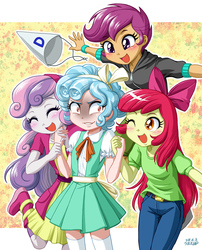 Size: 809x1000 | Tagged: safe, alternate version, artist:uotapo, apple bloom, cozy glow, scootaloo, sweetie belle, human, equestria girls, g4, marks for effort, blushing, bow, clothes, cozy glow is best facemaker, cozy glow's true goal, cozybetes, crazy glow, cute, cutie mark crusaders, dunce hat, equestria girls-ified, eyes closed, female, hat, holding hands, one eye closed, open mouth, pants, puffy sleeves, pure concentrated unfiltered evil of the utmost potency, pure unfiltered evil, skirt, wink