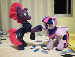Size: 4160x3120 | Tagged: safe, artist:doctorkoda, tempest shadow, twilight sparkle, alicorn, pony, g4, my little pony: the movie, 4de, bed, boop, cute, female, irl, photo, plushie, room, standing, twilight sparkle (alicorn), window