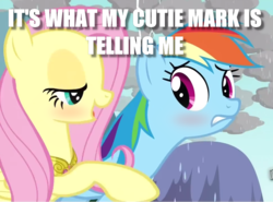 Size: 968x718 | Tagged: safe, edit, edited screencap, screencap, fluttershy, rainbow dash, pegasus, pony, g4, magical mystery cure, bedroom eyes, blushing, caption, cropped, female, image macro, lesbian, mare, meme, out of context, ship:flutterdash, shipping, what my cutie mark is telling me