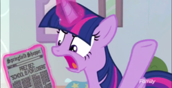 Size: 642x328 | Tagged: safe, edit, edited screencap, screencap, twilight sparkle, alicorn, pony, g4, marks for effort, angry, discovery family logo, female, male, meme, newspaper, paper, solo, the simpsons, twilight sparkle (alicorn), twilight sparkle's angry paper