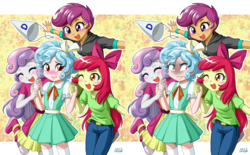 Size: 2399x1489 | Tagged: safe, alternate version, artist:uotapo, apple bloom, cozy glow, scootaloo, sweetie belle, equestria girls, g4, marks for effort, adorabloom, blushing, bow, clothes, comparison, cozy glow is best facemaker, cozybetes, crazy glow, cute, cutealoo, cutie mark crusaders, diasweetes, dunce hat, equestria girls-ified, eyes closed, hat, holding hands, one eye closed, pants, wink