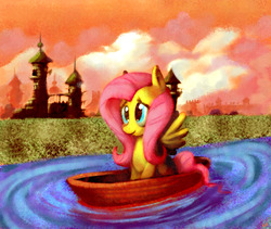 Size: 7600x6400 | Tagged: safe, artist:docwario, fluttershy, pegasus, pony, g4, absurd resolution, boat, cloud, cute, female, mare, shyabetes, sitting, smiling, solo, spread wings, water, wings