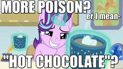 Size: 1280x720 | Tagged: safe, edit, edited screencap, screencap, starlight glimmer, pony, g4, marks for effort, blatant lies, chocolate, empathy cocoa, female, food, grin, hot chocolate, image macro, lidded eyes, looking at you, marshmallow, meme, poison, pure unfiltered evil, smiling, solo, the critic