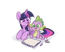 Size: 1000x800 | Tagged: safe, artist:sion-ara, spike, twilight sparkle, dragon, pony, unicorn, g4, baby, baby dragon, crayon, cute, feather, female, green eyes, horn, male, mare, purple eyes, quill, simple background, sitting, sketchbook, spikabetes, twiabetes, white background